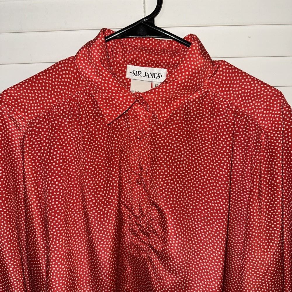 Sir James Womens Button Down Blouse Shirt Top Red White Polka Dots. Size 12